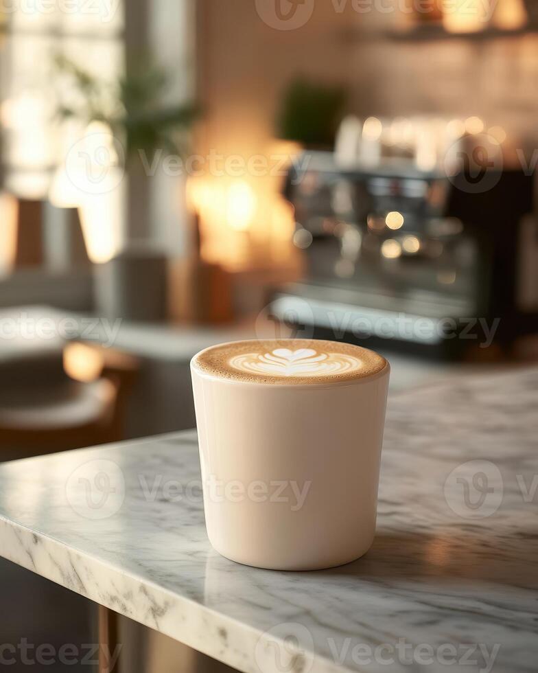 A latte with intricate foam art sits on a marble countertop in a cozy caf setting photo
