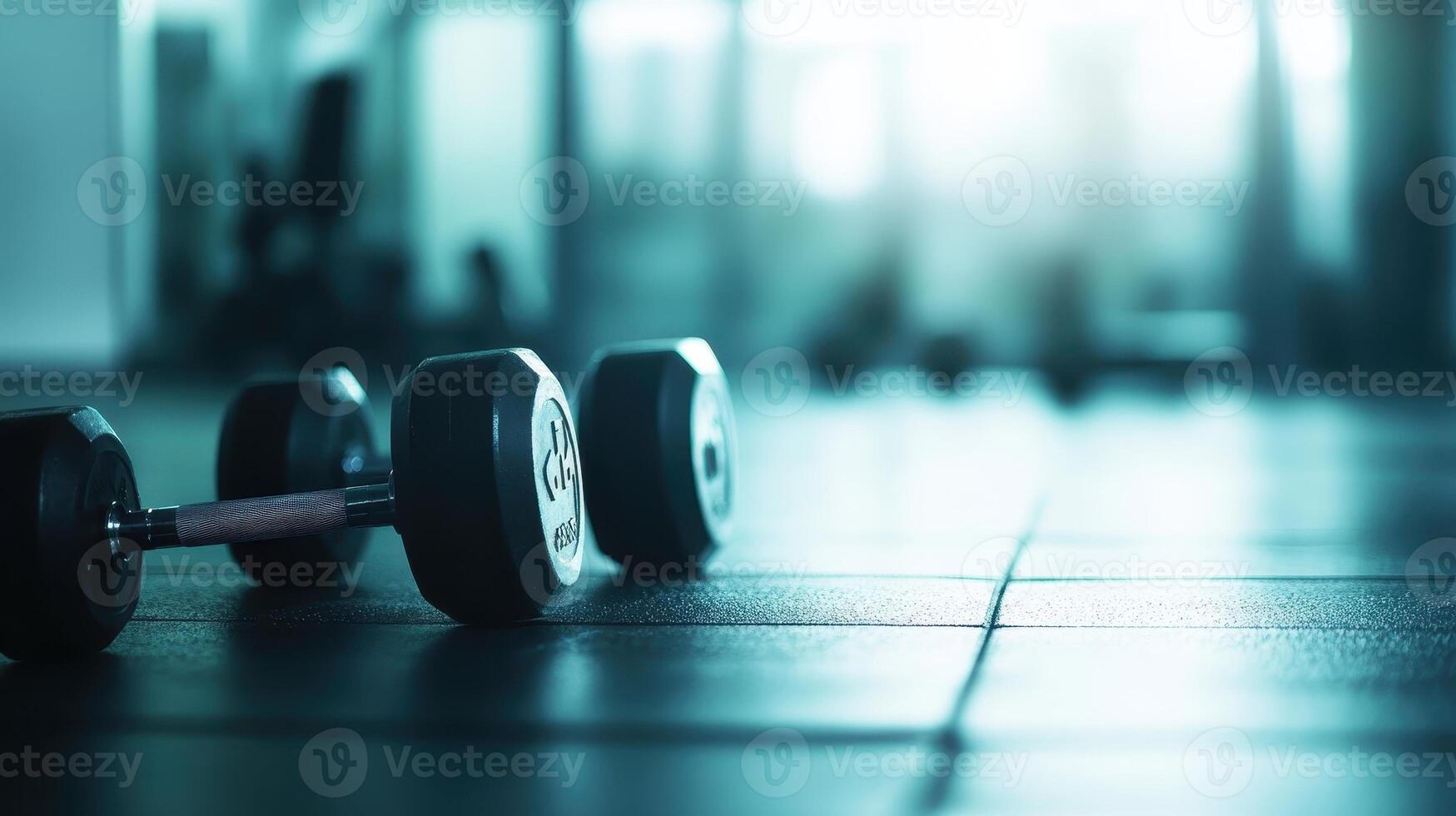 A pair of dumbbells resting on a gym floor, emphasizing fitness and exercise. photo