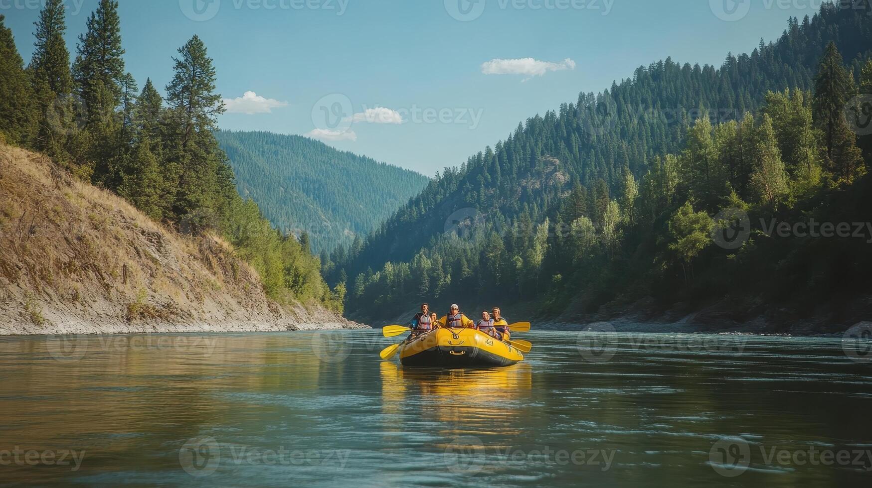 A group enjoys rafting on a calm river surrounded by lush mountains and trees photo