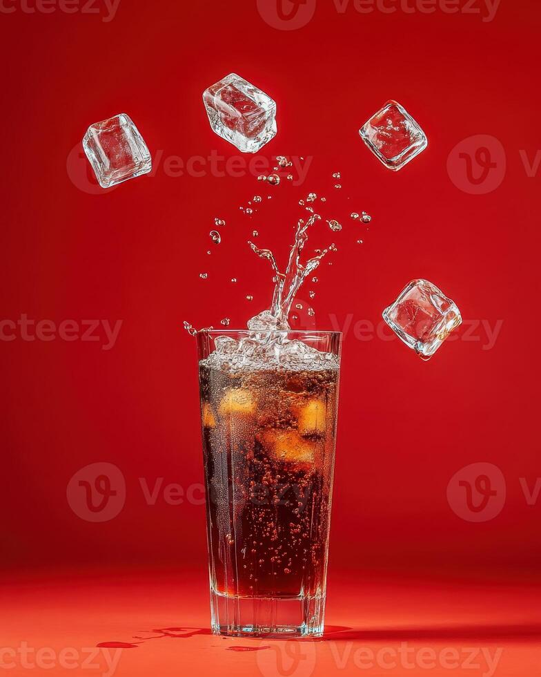 A glass of fizzy drink with ice cubes splashing in front of a vibrant red background. photo