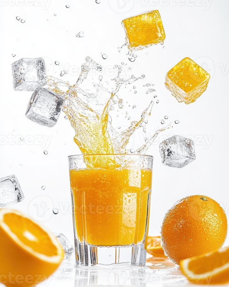 A refreshing orange drink splashing with ice cubes, surrounded by fresh oranges photo