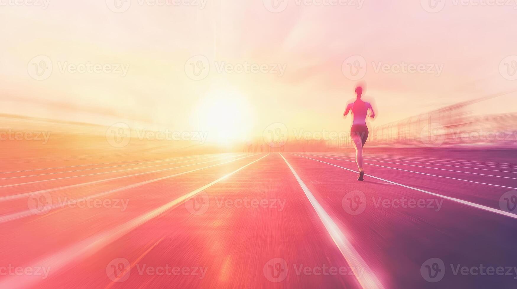 A runner sprinting towards a vibrant sunset on a track, symbolizing determination and freedom. photo