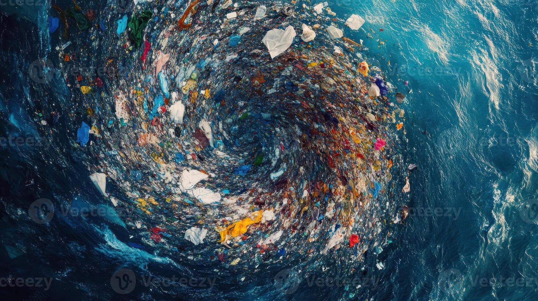 A swirling mass of plastic waste in the ocean highlights environmental pollution photo