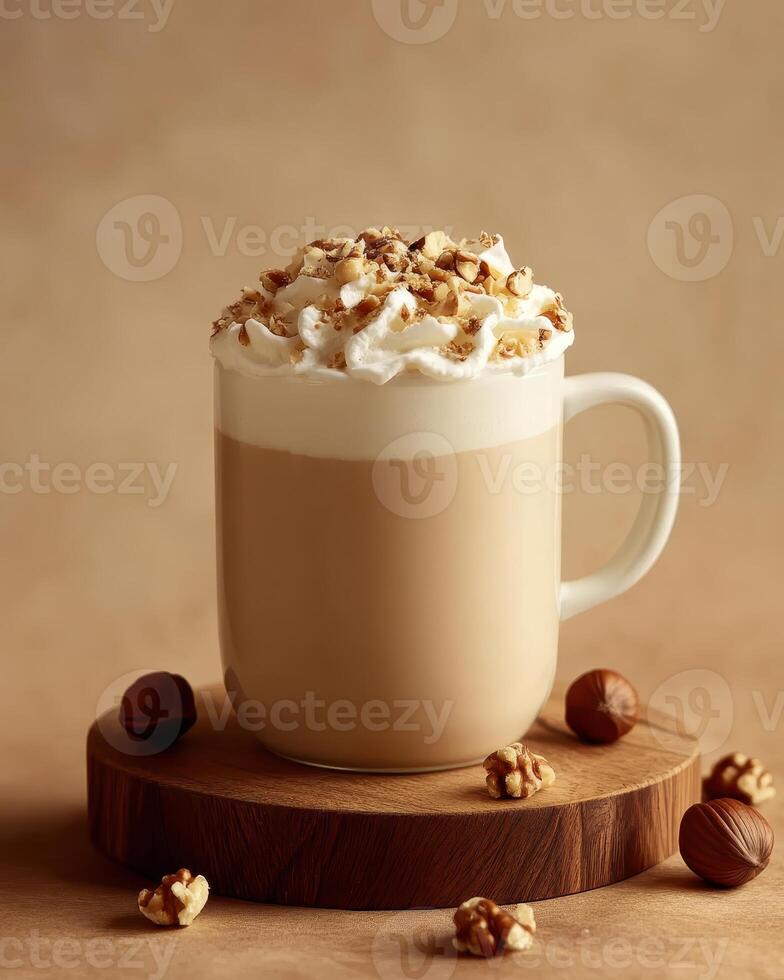 A creamy beverage topped with whipped cream and popcorn, served in a cozy mug. photo