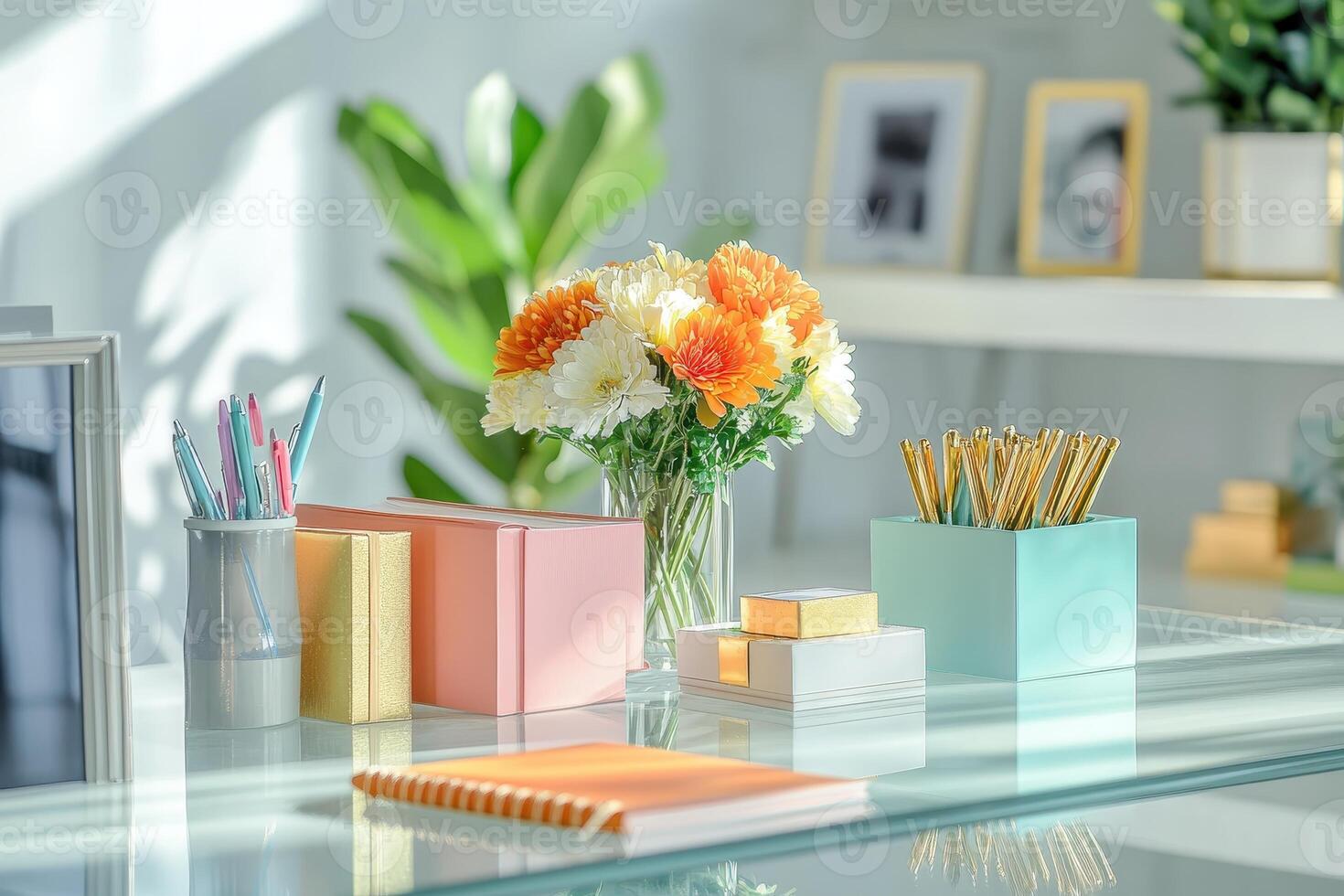 A bright workspace featuring flowers, stationery, and decorative items for productivity. photo