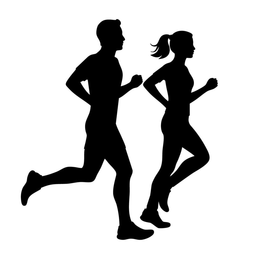 Silhouette illustration of two runners, a man and a woman jogging together vector