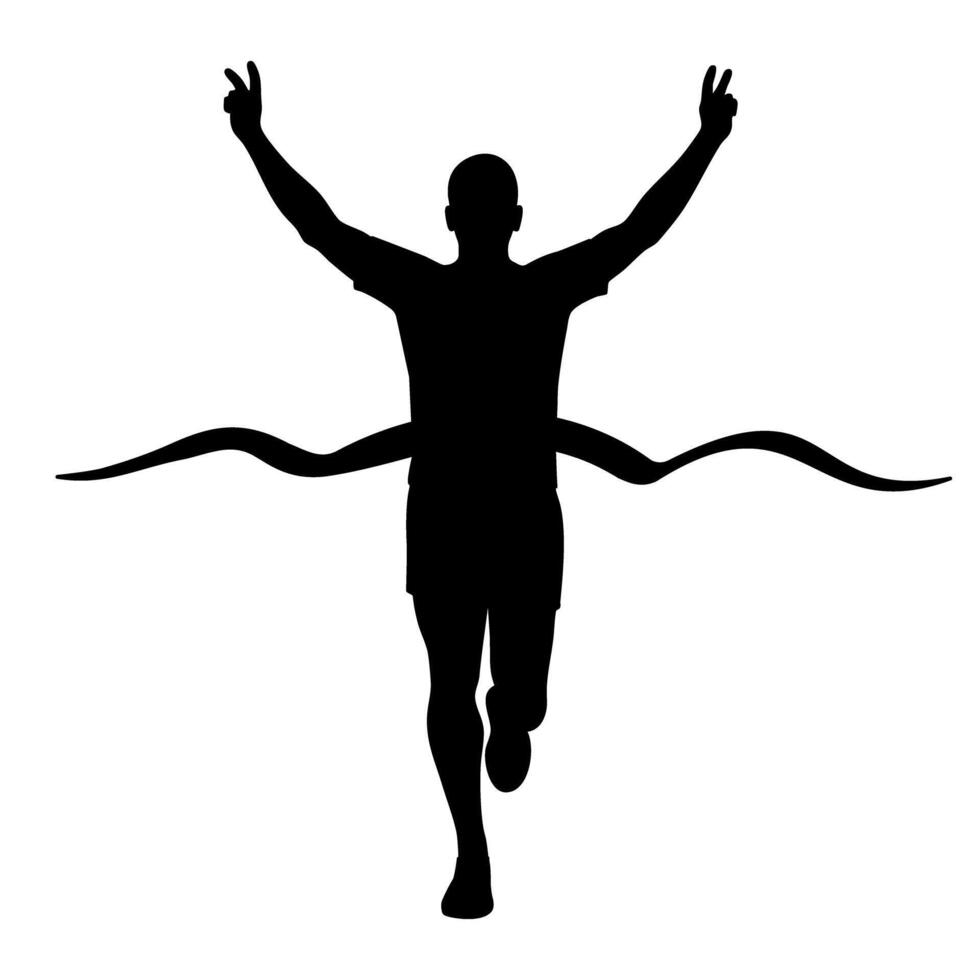 Silhouette illustration of an athlete winning a race, crossing the finish line with raised arms vector