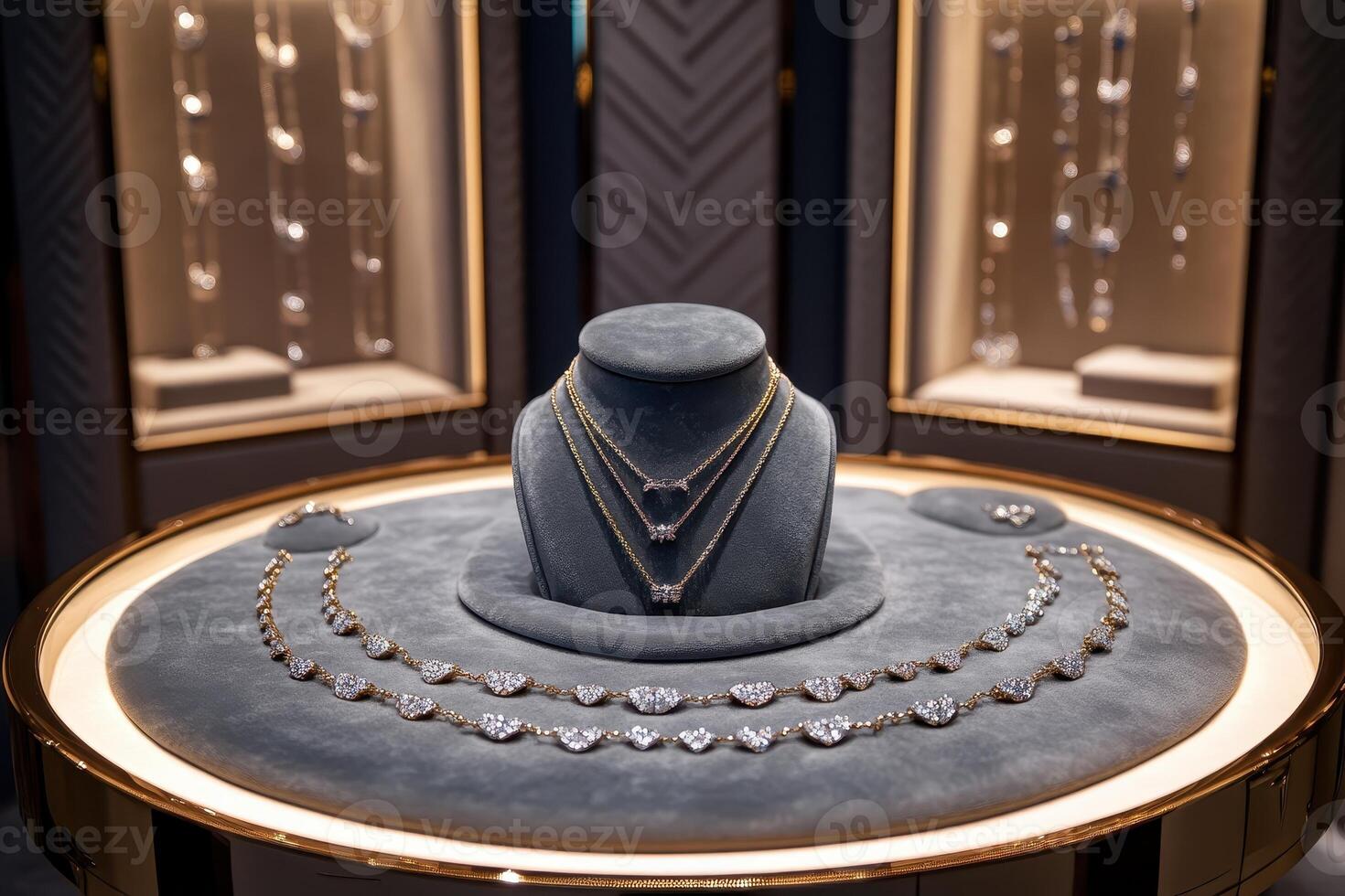 A display of elegant jewelry featuring necklaces and pendants on a luxurious stand. photo