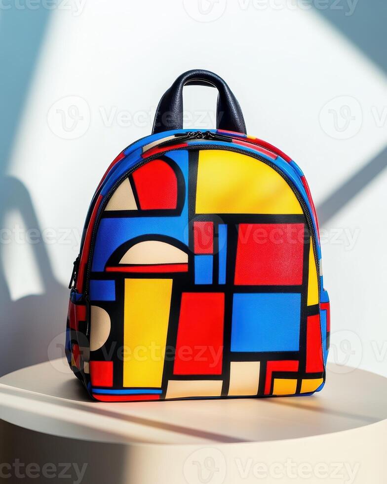 A colorful, geometric-patterned backpack resting on a light-colored surface photo