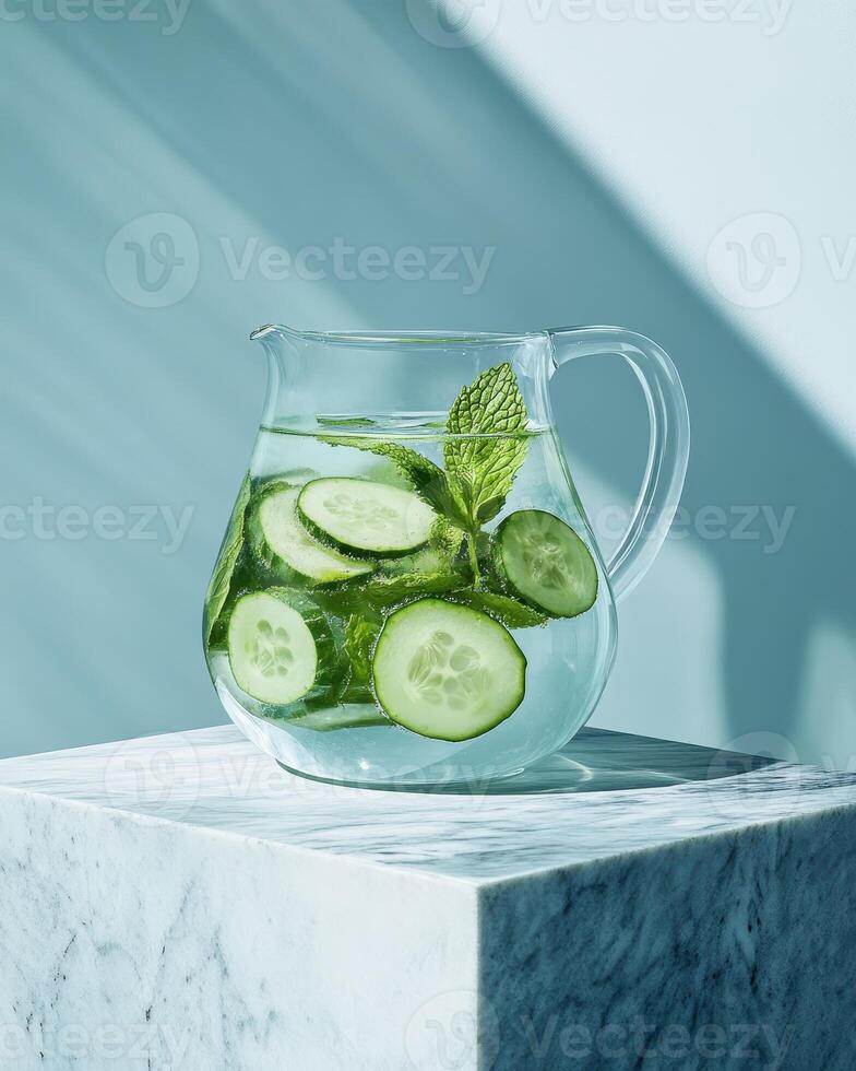 A glass pitcher filled with cucumber slices and mint leaves in refreshing water. photo