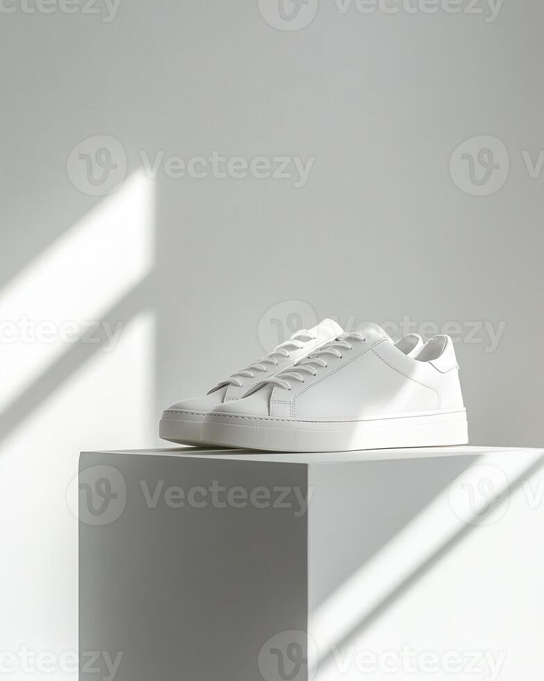 A pair of stylish white sneakers displayed on a pedestal with soft lighting. photo