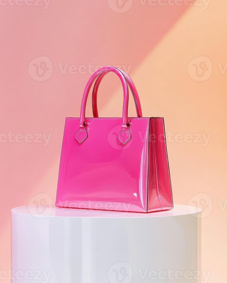 A glossy pink handbag displayed on a pedestal against a soft gradient background photo