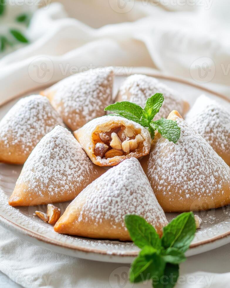 A plate of triangular pastries dusted with powdered sugar, revealing a nut filling photo