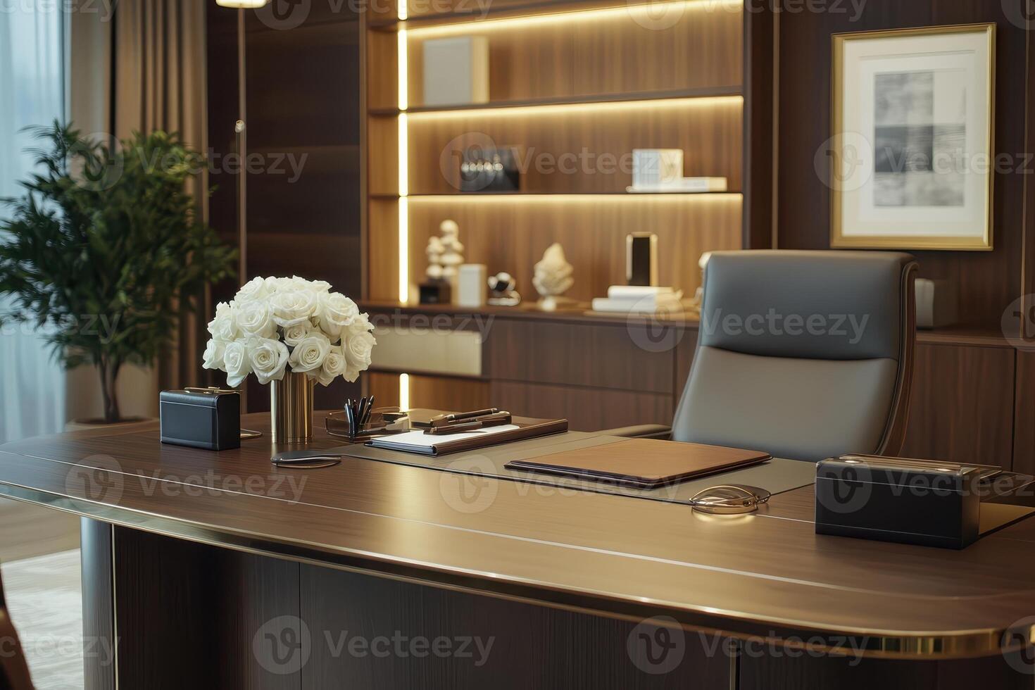 A modern office interior featuring a desk, decor, and a floral arrangement. photo