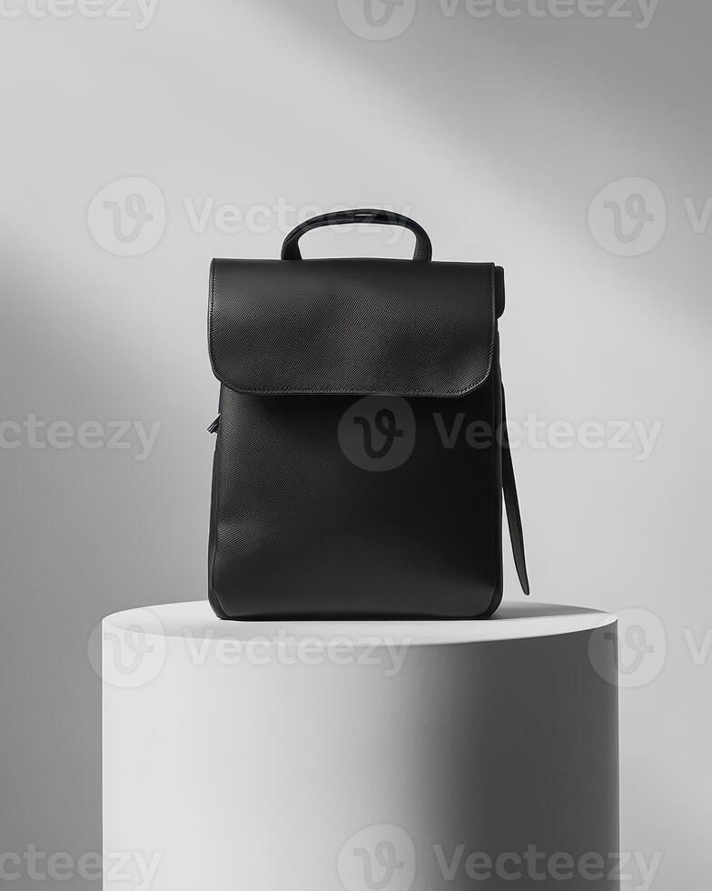 A sleek black backpack displayed on a pedestal with soft lighting. photo