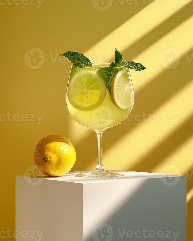 A refreshing lemonade drink garnished with mint and lemon slices, set against a yellow background. photo