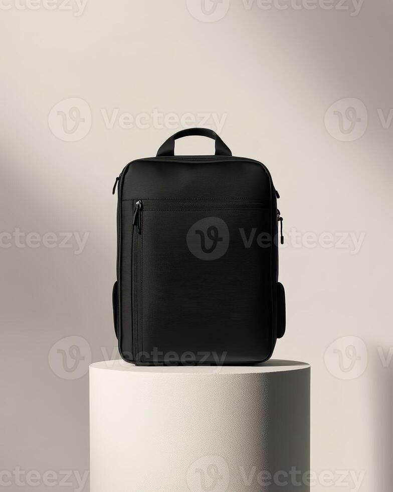 A sleek black backpack displayed on a pedestal, emphasizing design and functionality. photo