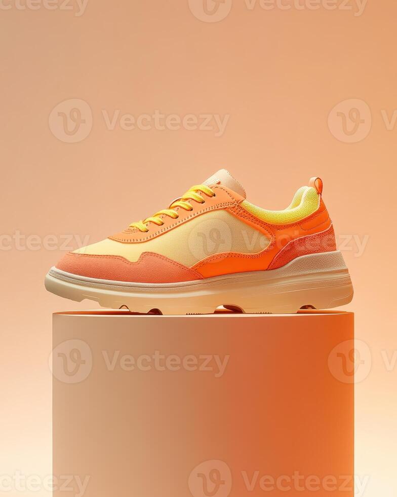A vibrant pair of sneakers displayed on a pedestal with a soft gradient background photo