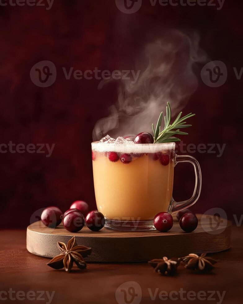 A steaming mug of spiced beverage garnished with cranberries and rosemary on a wooden platter. photo