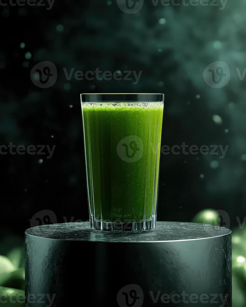 A vibrant green smoothie in a glass, set against a dark, atmospheric background. photo