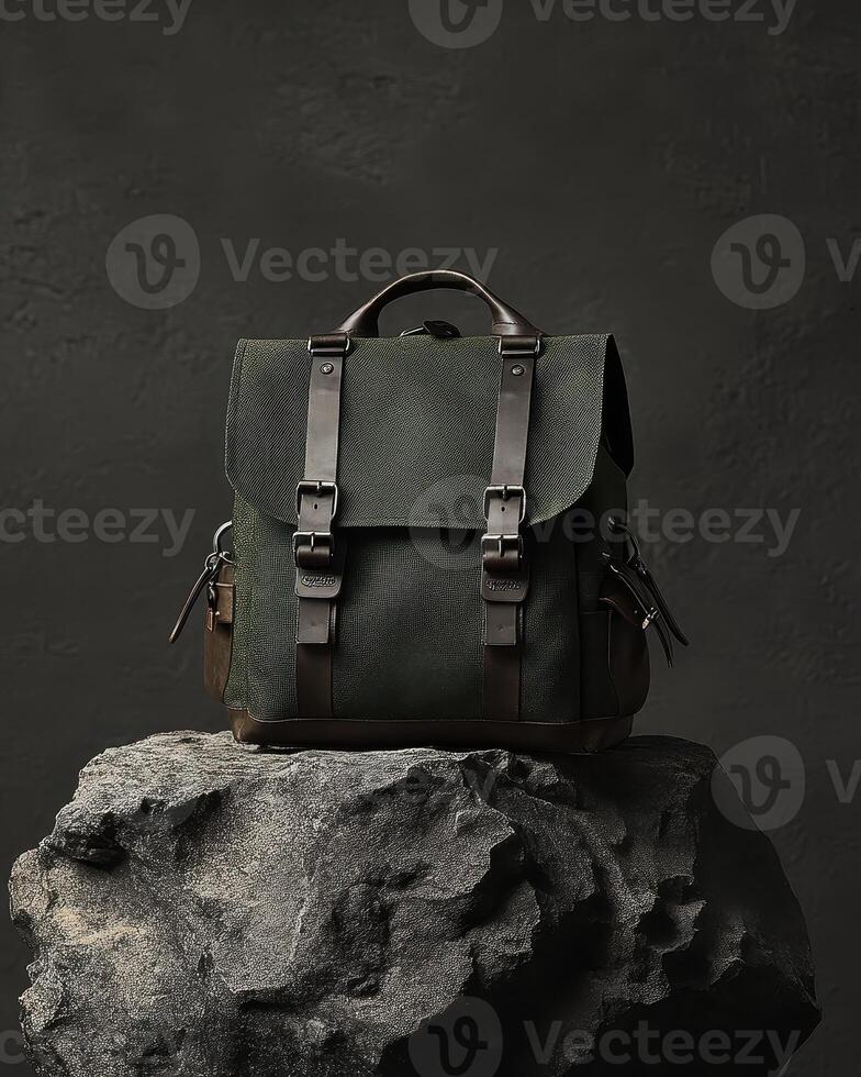 A stylish green backpack displayed on a rock, showcasing its design and functionality photo