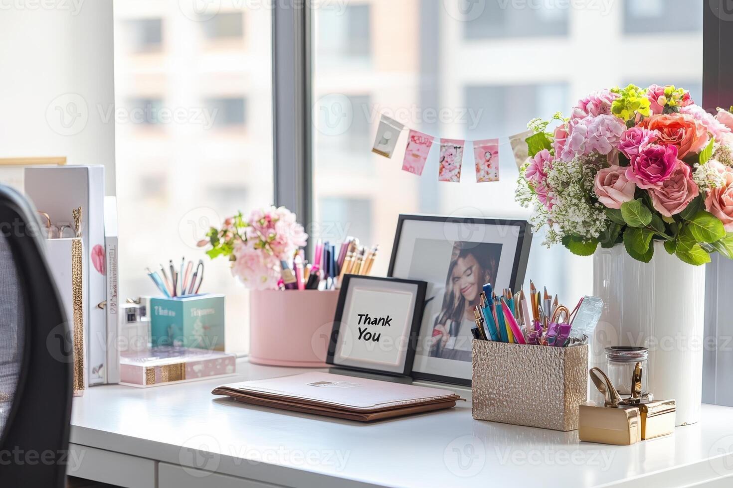 A stylish desk setup featuring flowers, stationery, and personal touches for a creative workspace. photo