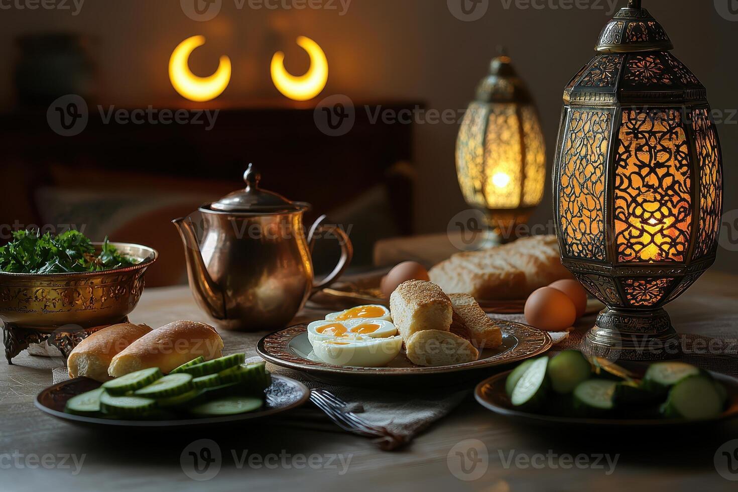 A beautifully arranged table featuring breakfast items, tea, and decorative lanterns. photo