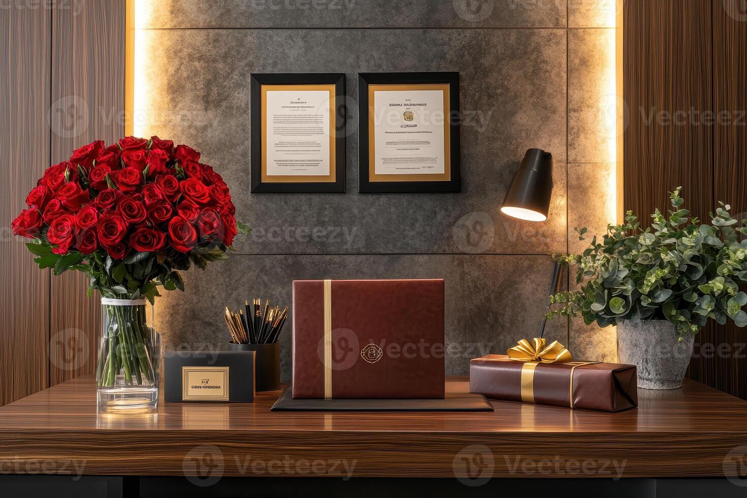 A sophisticated desk display featuring roses, awards, and elegantly wrapped gifts. photo