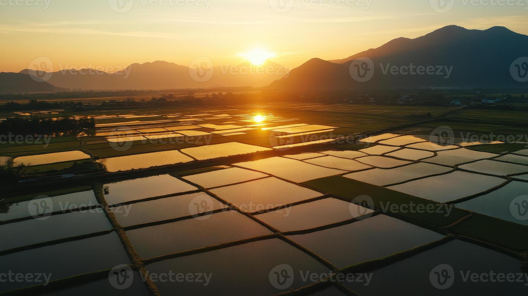 Aerial view of rice fields reflecting sunset light with mountains in the background. photo