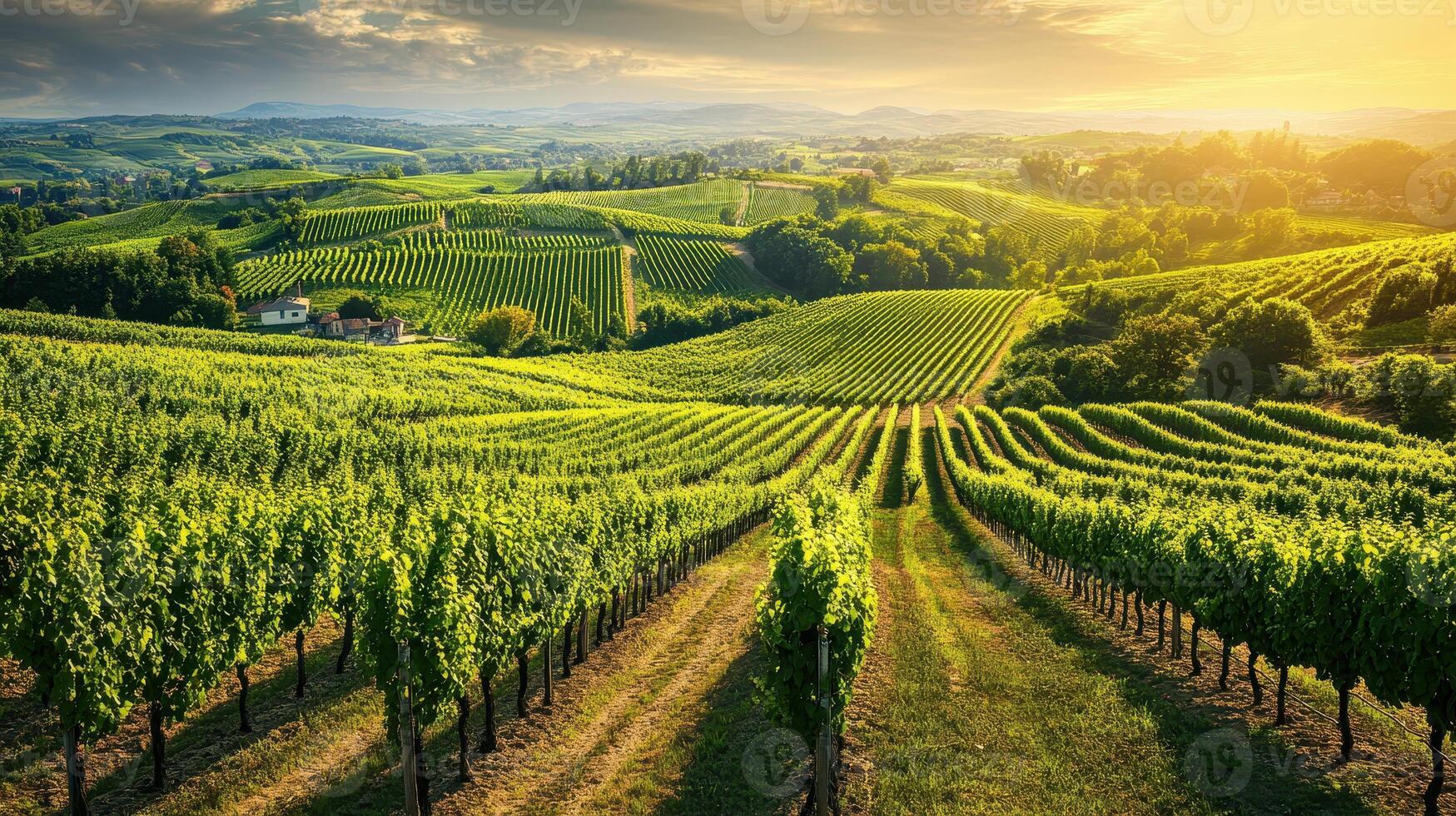 Lush vineyards under a golden sunset, showcasing rows of grapevines in a scenic landscape. photo