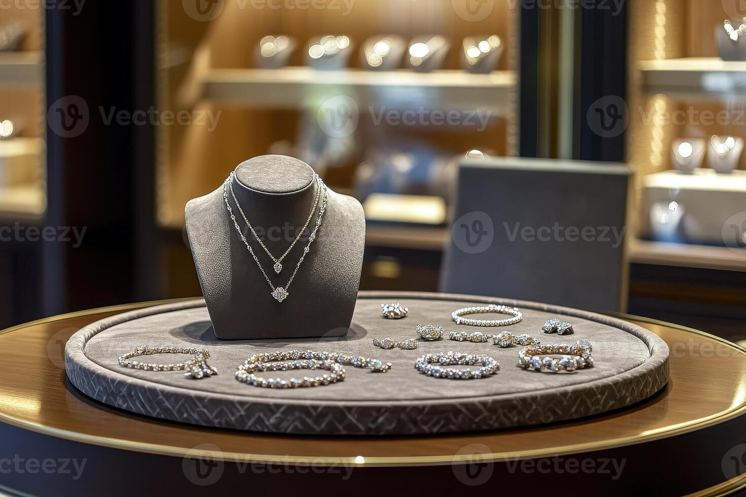 Display of elegant jewelry including necklaces and bracelets in a luxury setting. photo