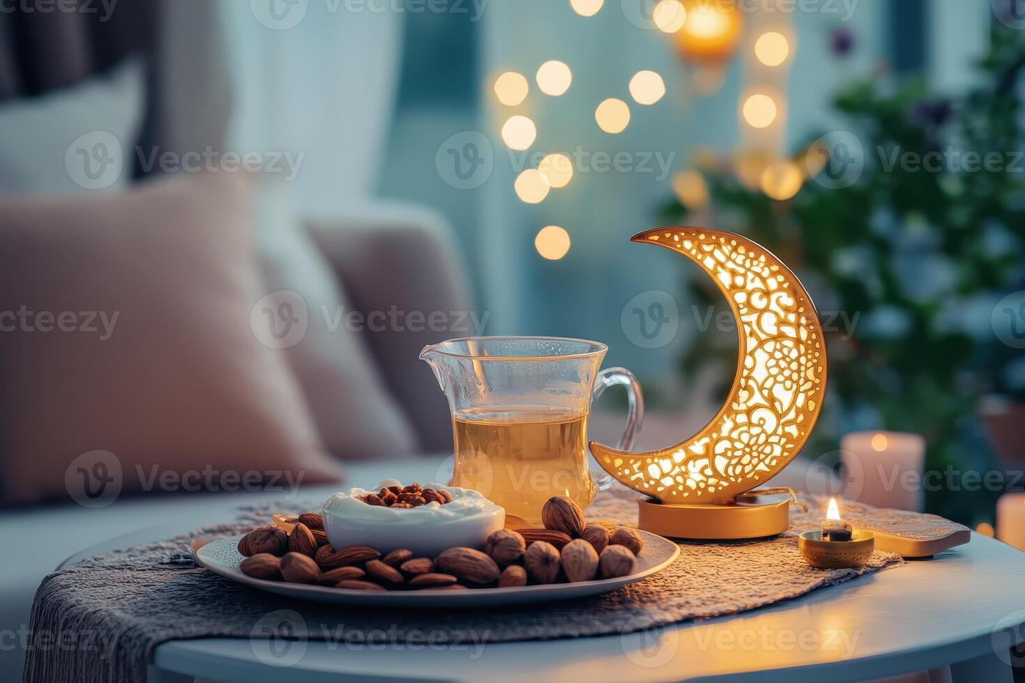 A cozy evening setup with tea, almonds, and a decorative moon lamp. photo