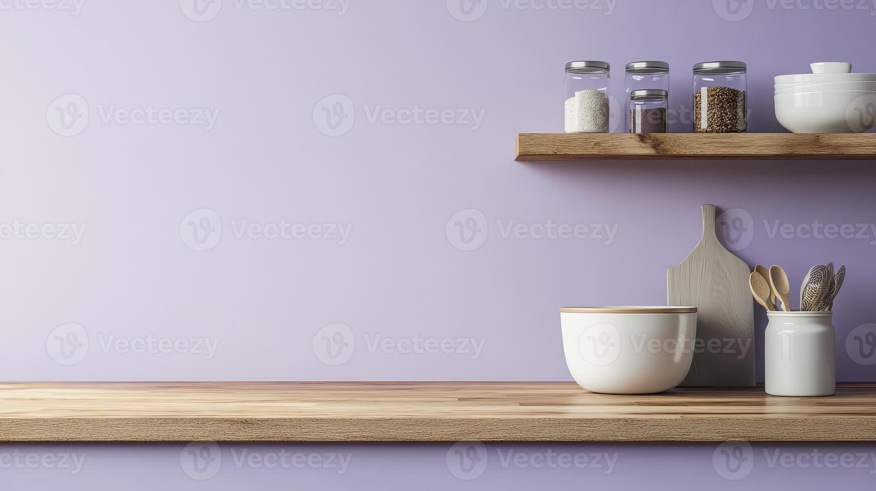 A minimalist kitchen shelf displaying jars, utensils, and a bowl against a pastel background. photo