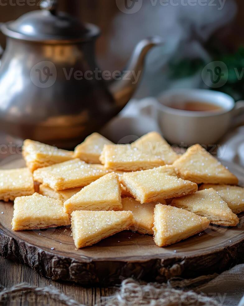 A plate of triangular cookies with a teapot and cup, creating a cozy snack scene. photo