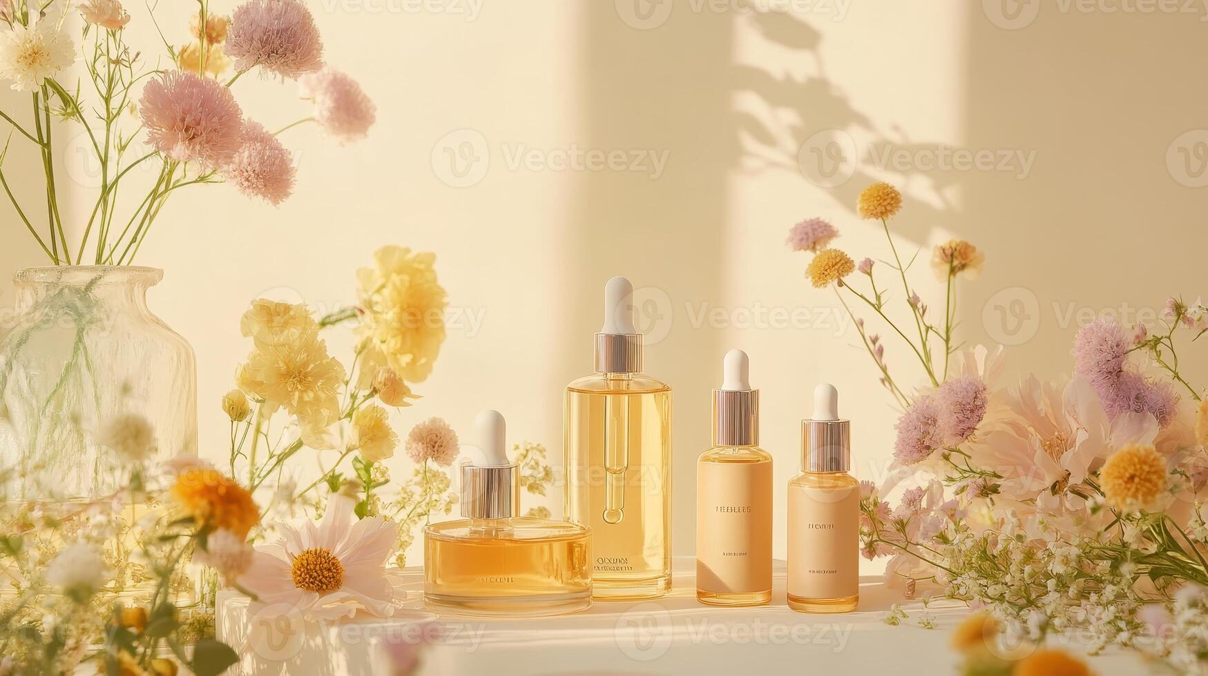 A serene display of skincare oils surrounded by colorful flowers in soft lighting. photo