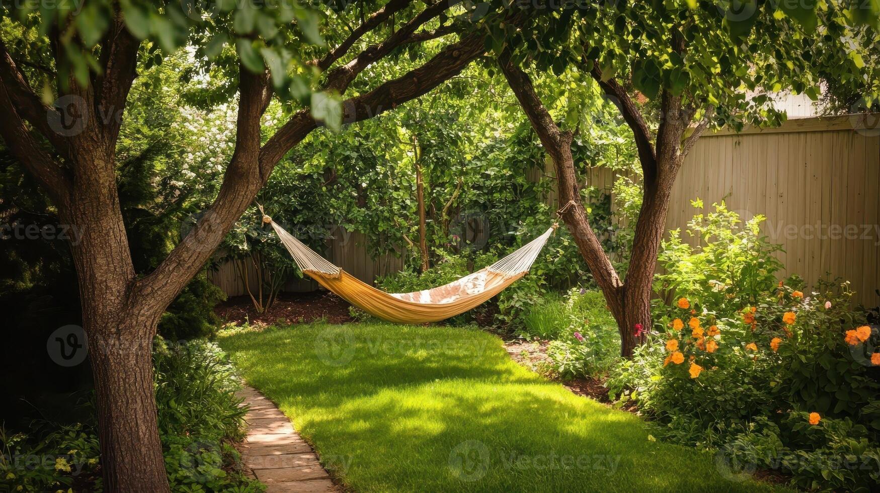 A serene garden scene featuring a hammock nestled between trees, perfect for relaxation. photo