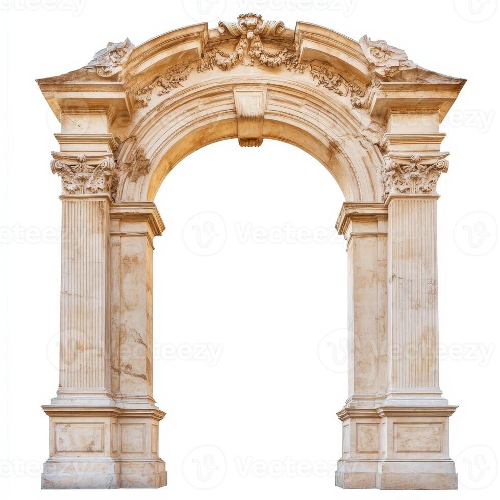 A classical stone archway featuring intricate carvings and columns. photo