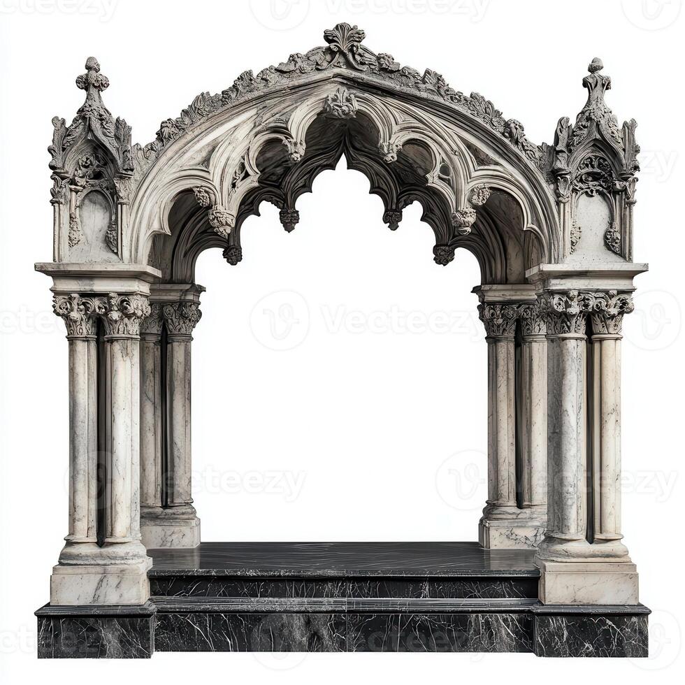 Ornate stone archway with intricate carvings, serving as a decorative architectural feature. photo