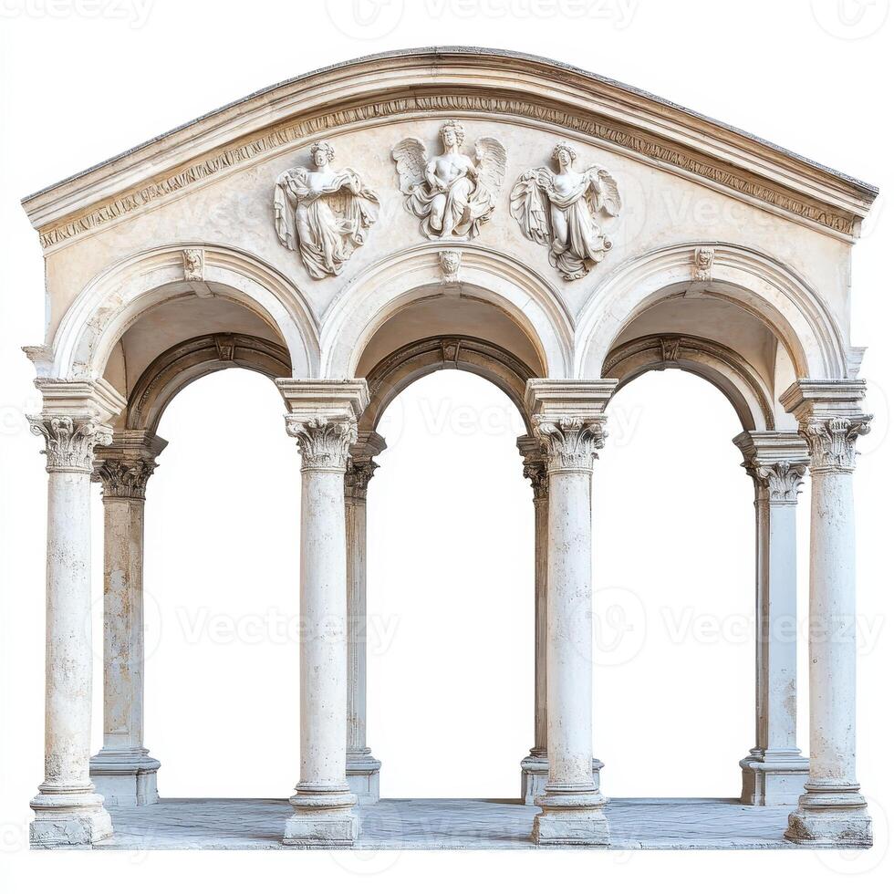 A classical architectural structure featuring arches and decorative sculptures. photo