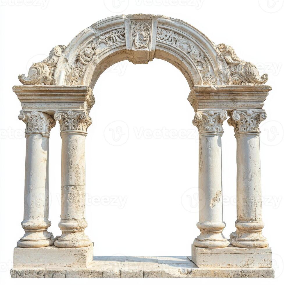 A decorative stone archway with intricate carvings and columns photo