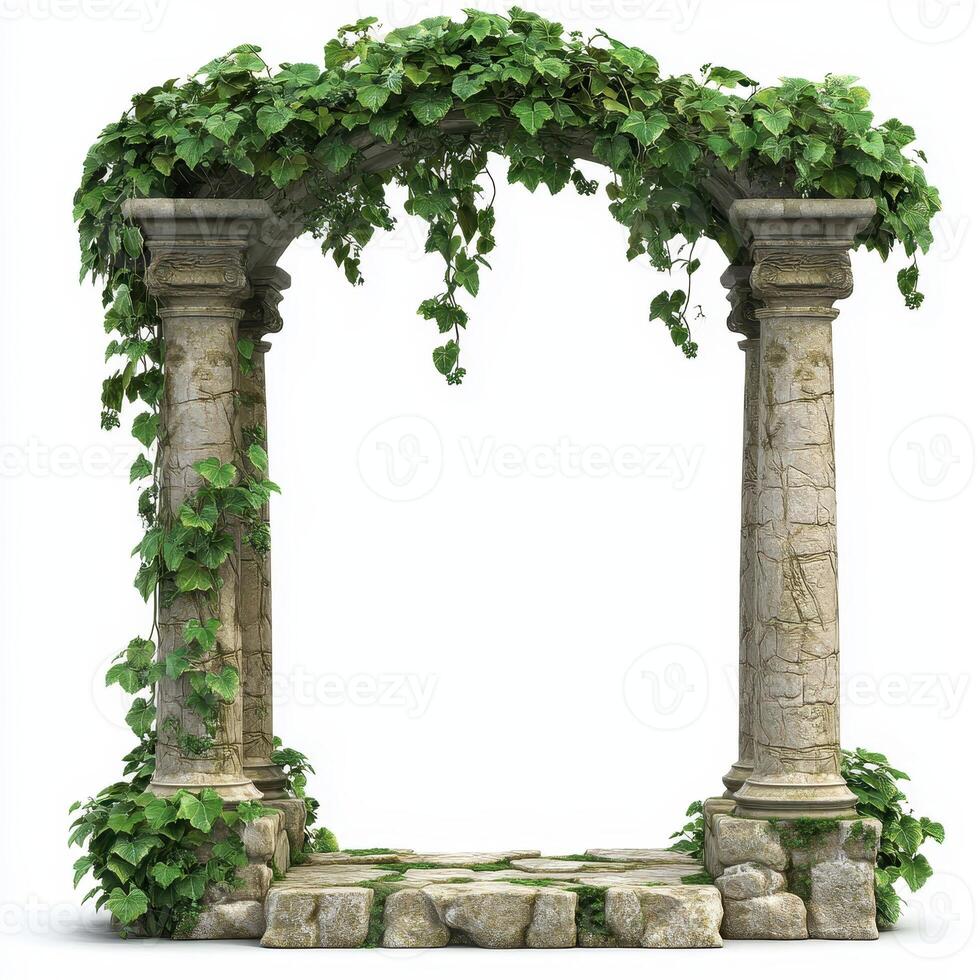 A stone archway adorned with ivy, suggesting a romantic or serene outdoor setting photo