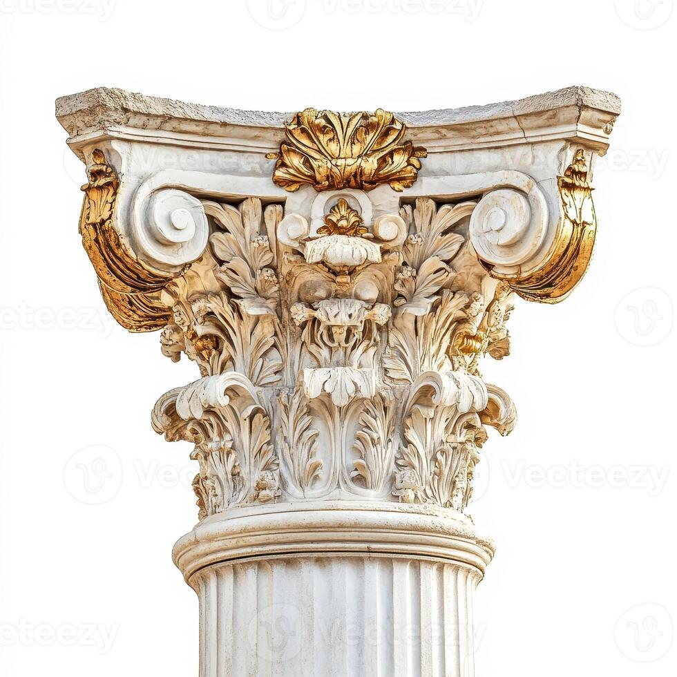Ornate architectural column with intricate carvings and gold accents photo