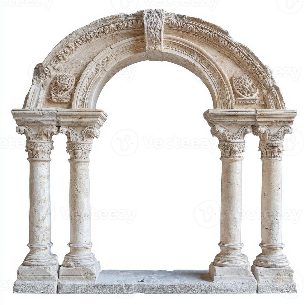 A classical stone archway with ornate detailing and columns. photo