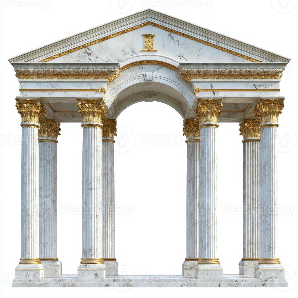 A classical marble structure with golden accents and columns, resembling a temple or monument. photo