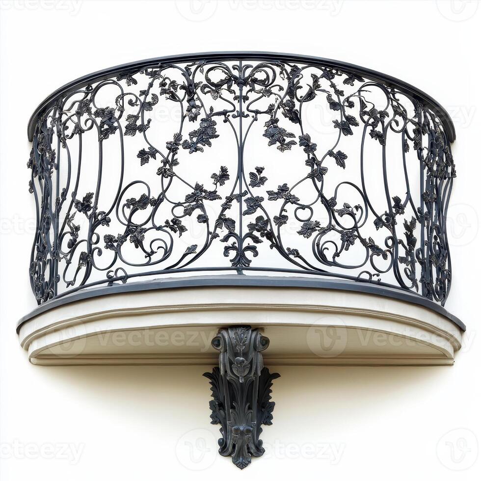 Ornate wrought iron balcony railing with floral patterns and decorative support. photo