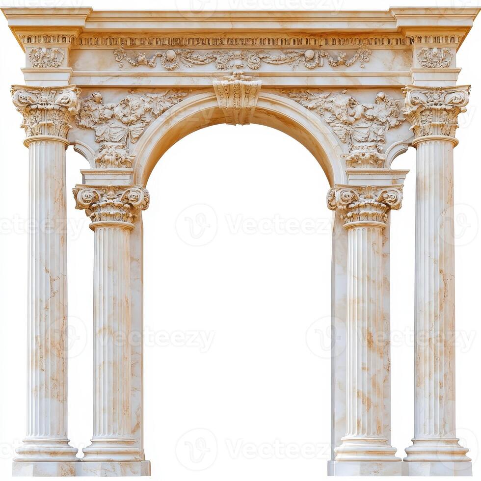 A classical marble archway with decorative columns and intricate carvings. photo