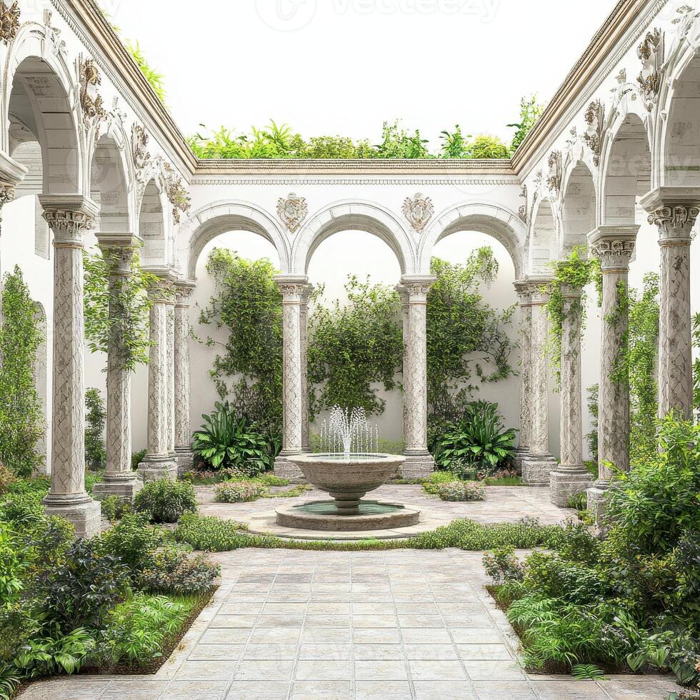 A serene courtyard featuring a central fountain surrounded by lush greenery and ornate columns photo