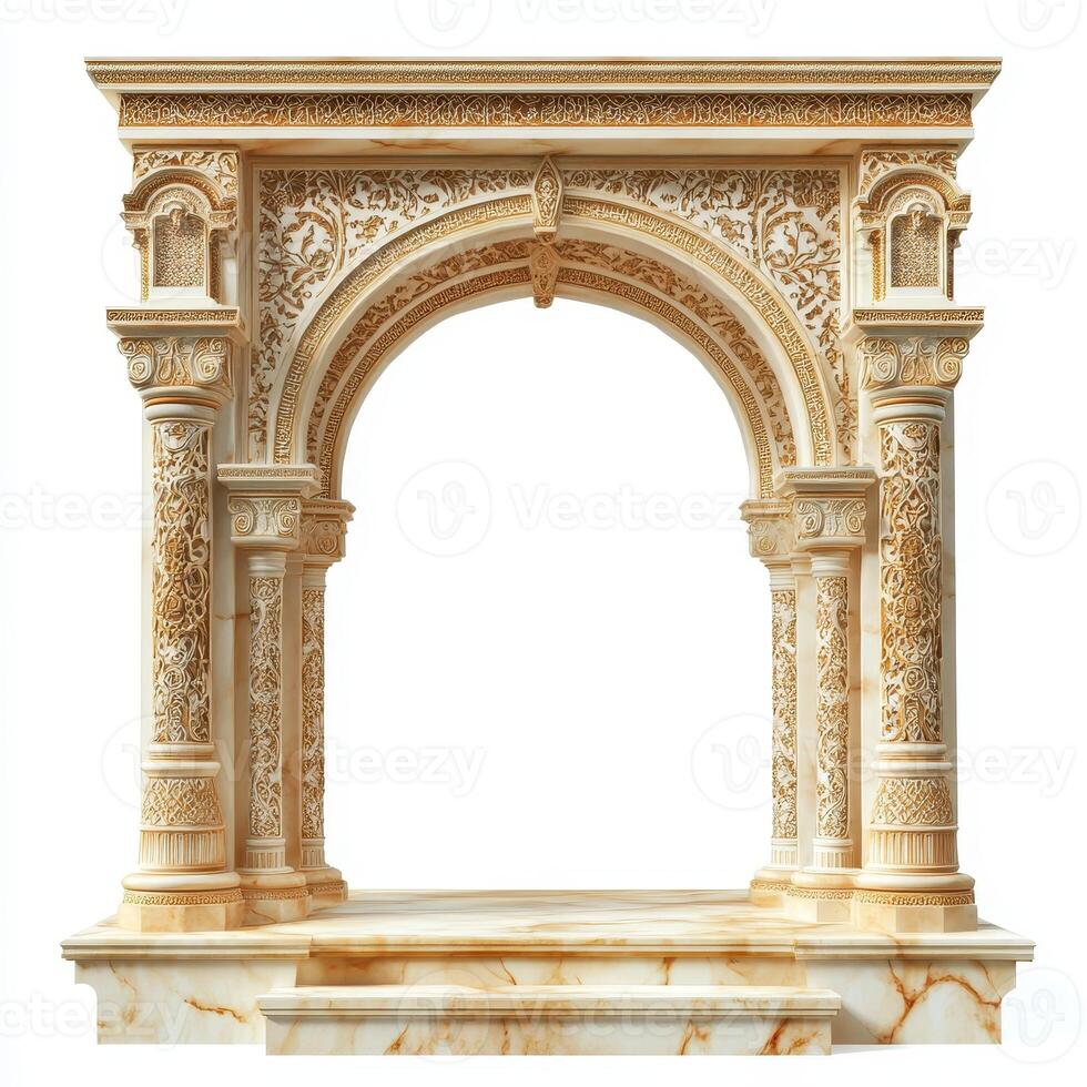 Ornate architectural archway with intricate carvings and a marble base photo