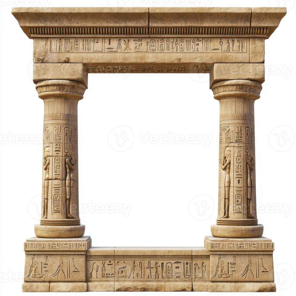 An ancient stone archway adorned with hieroglyphs and decorative columns photo