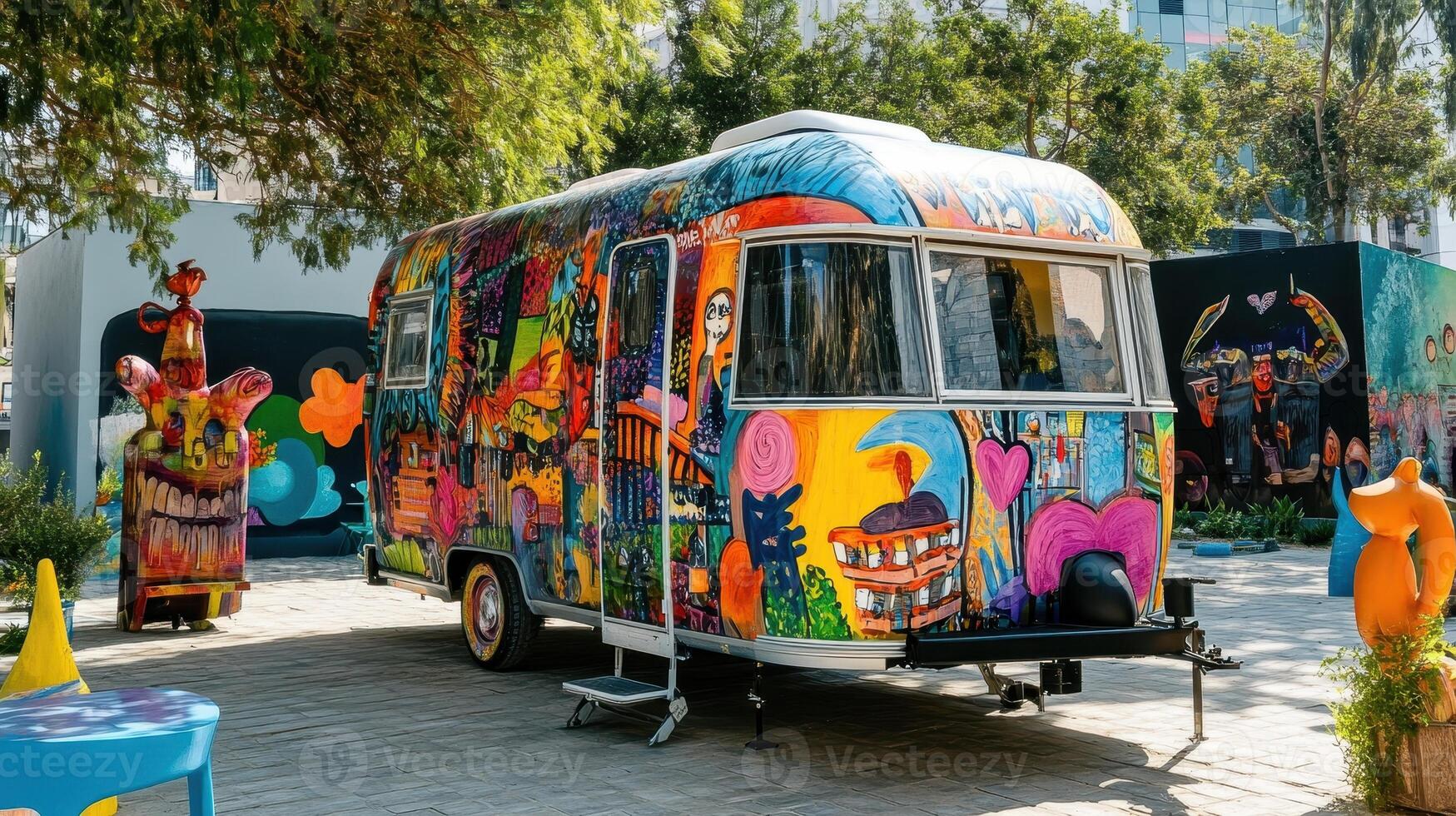 A colorful, artistic trailer surrounded by vibrant sculptures and murals in an outdoor space. photo